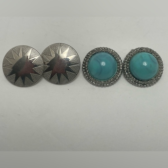 Southwest Style Clip-On Earrings - 1 pair silver tone and 1 pair turquoise tone - Picture 1 of 5